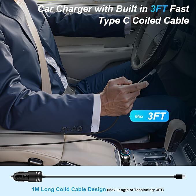 48W Super Fast Car Charger USB C Rapid Android Car Adapter with 30W Built-in Type C Fast Charging Cable for Samsung Galaxy S26 S25 S24 S23 Ultra S22 S21 S20 FE A16 A15 A14 A54 A53 A23 A13 Z Flip 7 6