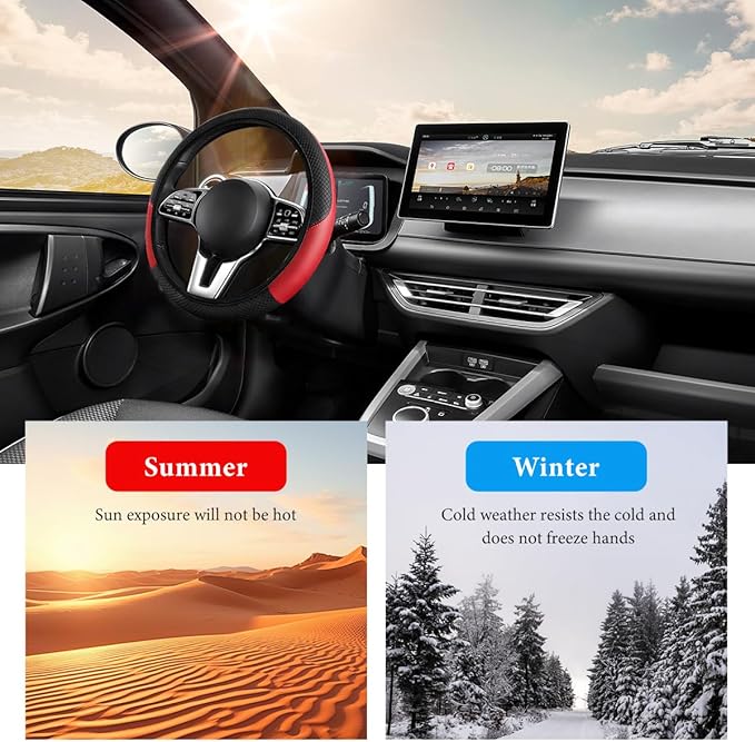 Car Steering Wheel Cover, 15 Inch Anti-Slip Stretch Leather Steering Wheel Protector, Comfortable Breathable Sporty Steering Wheel Cover for Women Men, Car Accessories (Black & Red, AD)