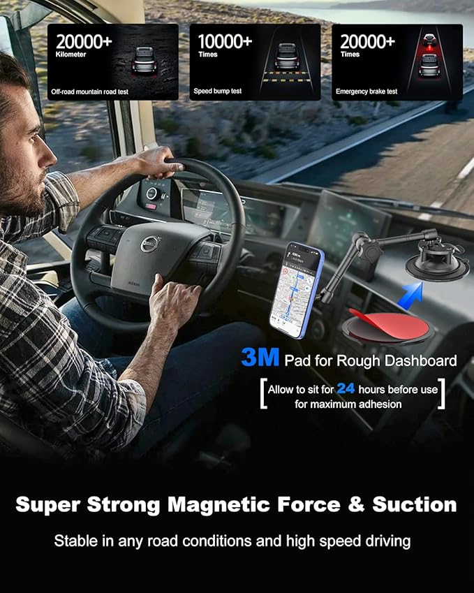 for MagSafe Car Mount [Off-Road Level Shockproof] Metal Arm Magnetic Phone Holders for Your Car Truck, Dashboard Windshield Sunroof Suction Cup Phone Mount for iPhone 16 Pro Max 15 14 13 Plus