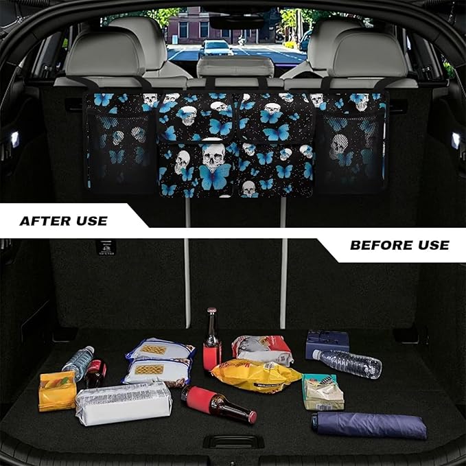 Skull Butterfly Car Trunk Organizer Foldable Auto Backseat Storage Bag with 4 Pockets Hanging Auto Accessories Suitable Most Sedans SUVs Trucks Vans
