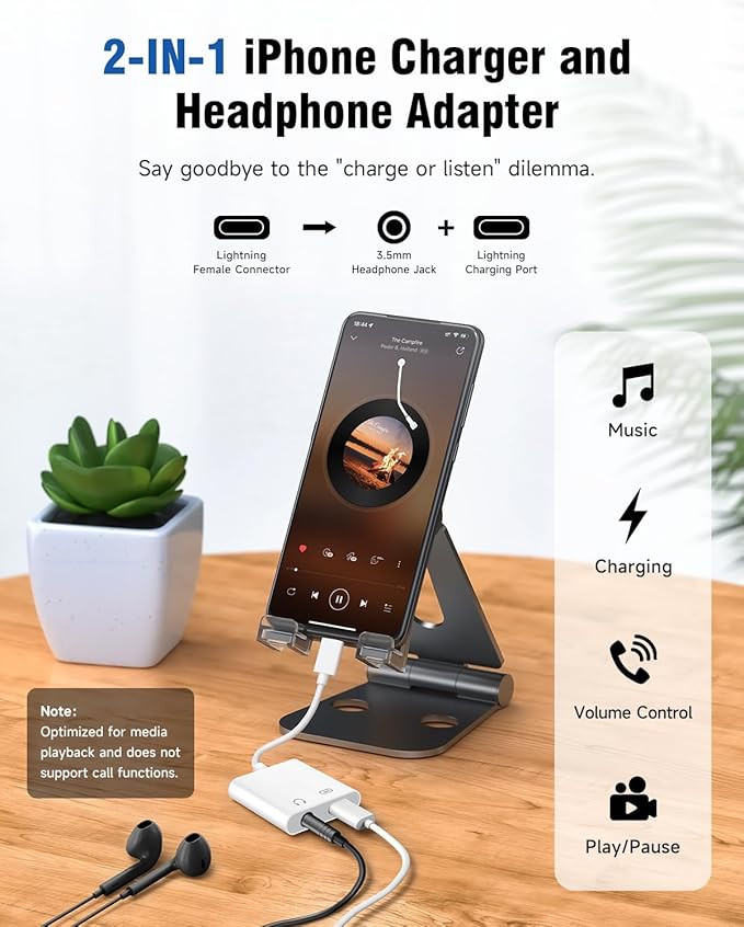Apple MFi Certified 2-in-1 Lightning to 3.5mm Headphone Jack Adapter,Fast Charger&Aux Audio Splitter Dongle for iPhone-Car AUX,Home,Gym,Travel,Compatible with iPhone 14/13/12/11/XR/X/8/7,2Pack,White