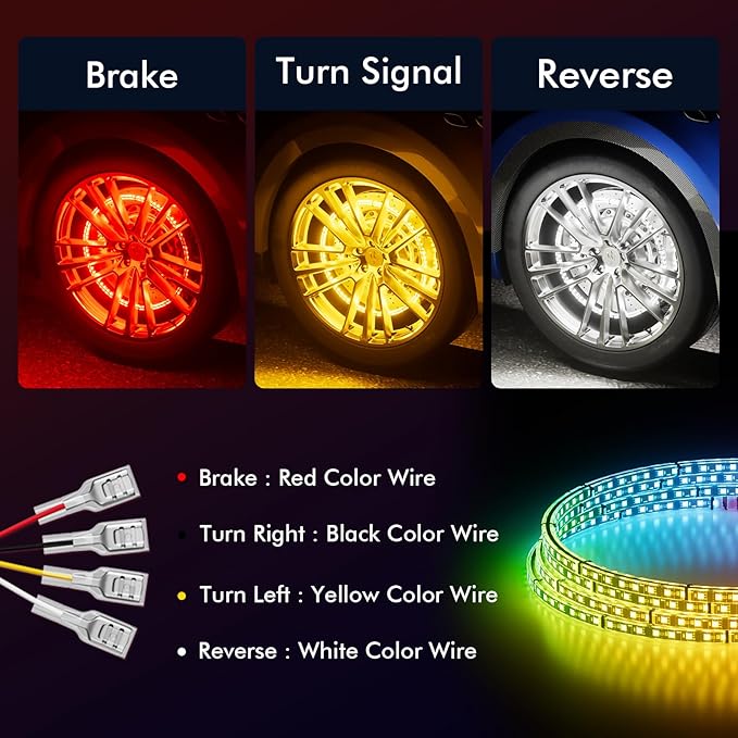 Ehaho 17" Double Row Wheel Lights, Brighter RGB Dream Chasing LED Rim Lights with App & Remote Control, Music Wheel Ring Light with Turn & Braking Signal Compatible with Various Trucks SUV Car（4PCS）