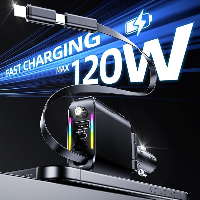[2026 Ultra-Slim, 75% Less Space] Retractable Car Charger with Starlight, Max 120W USB C Car Charger Adapter, Cars Phone Chargers Fast Charging, Car Chargers for iPhone 17 16 Pro Max Plus and Android