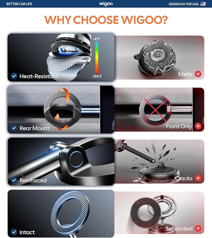 Wigoo 2026 Upgraded Car Phone Holder for Magsafe [98LBS Suction & 3000gf Magnetic] 360° Adjustable Car Mount, Cell Phone Holders for Your Car, for iPhone 17 Pro Max 16 15 14 13 12 Plus, Carbon Fiber