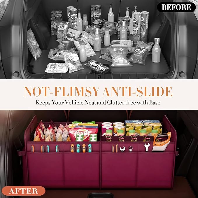 titiyiof Trunk Organizer SUV, Car Organizers and Storage, NOT-FLIMSY ANTI-SLIDE 70L Spacious Collapsible Sturdy Trunk Organizer for Grocery/Car Accessories/Women Men's Gift, Wine Red