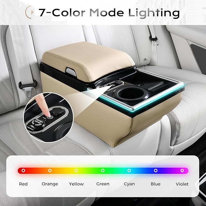 Coverado Universal Car Center Console with Wireless Charging & Cup Holder, Back Seat Organizers, Rear Bench Seat Central Armrest Box with Storage, for Most Vehicles, Easy Install, Beige