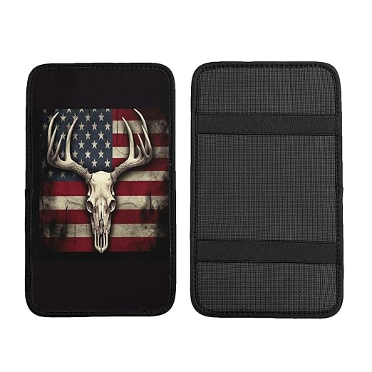 American Flag with A Deer Skull Car Auto Armrest Cushion Cover Accessories Center Console Seat Box Pad Protector Universal Decoration for Most Vehicle SUV Truck