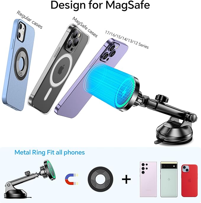 Coolpow for MagSafe Car Mount Charger【Ultra Magnet】 Magnetic Phone Holders for Your Car Charger【Windshield+Vent+Dash】 Magnetic Wireless Car Phone Holder Charger Car Mount for iPhone 17 (Carbon Fiber)