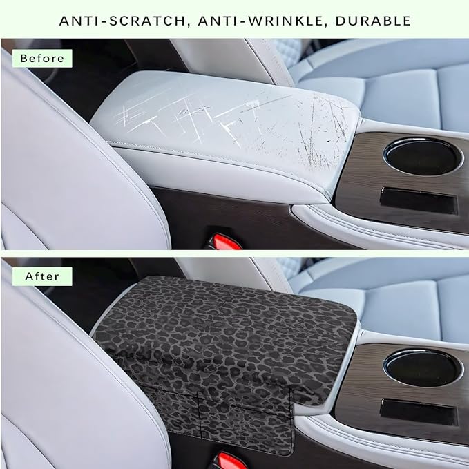 Dreaweet Black Leopard Print Center Console Cover for Car Thick Arm Rest Cover Pad with Pockets Cheetah Car Accessories Universal Comfortable Car Armrest Cover Cushion Pad