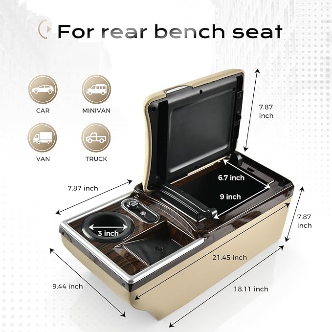 Coverado Center Console, Universal Bench Seat Center Console with Wireless Charging & Cup Holder & 7 Light Modes, Truck Back Seat Car Organizer, Rear Central Car Armrest Box with Storage, Beige
