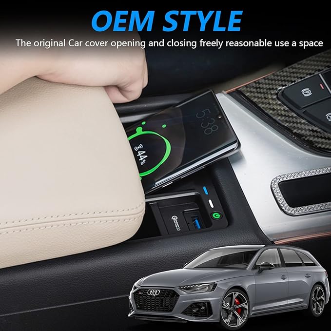 Wireless Car Charger for Audi A4/S4/A5/S5/RS5 2017 2018 2020 2021 2022 RS4 2019 2020 2021 2022, 15W Fast Charging Phone Charger Pad with QC3.0 USB Port for iPhone 12/13/13Pro Galaxy S22/S21