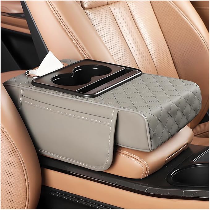 Car Armrest Cushion, 5-in-1 Nappa Leather Vehicle Centre Console Cover with 2 Storage Pockets, Cup Phone & Phone Holder, Multifunctional Auto Organiser Accessories, Universal Fit (Gray)