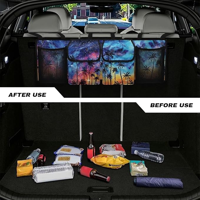 Sunset Palm Tree Car Backseat Hanging Trunk Organizer for SUV Car Storage Bag with 4 Pockets Multipurpose Adjustable Auto Interior Accessories