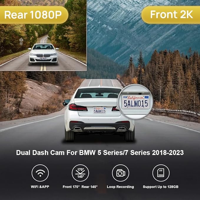 Fitcamx 2K Front and Rear Dash Cam Suitable for BMW 5 7 Series 2018-2023 530i 540i M550i 740i 750i M760i G30/G11, OEM Look, Dual 1440P+1080P HD Video, Loop Recording, WiFi & APP, G-Sensor, 64GB Card