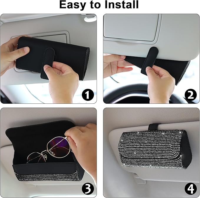 Accmor Bling Sunglasses Holder for Car Sun Visor, Sparkling Auto Glasses Clip Case Eyeglasses Protective Box, PU Leather Car Sunglass Storage Organizer for Truck, SUV, RV (Black Crystal)
