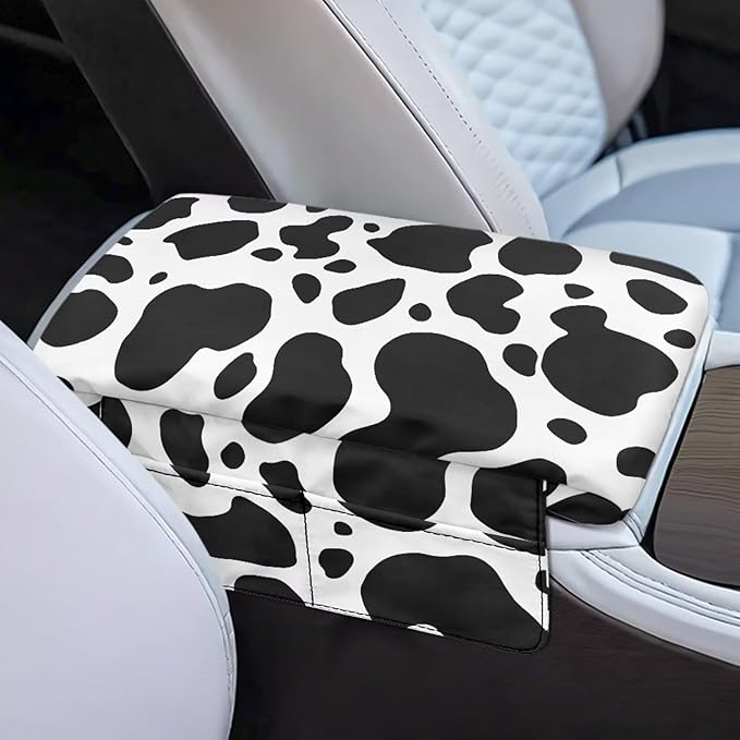 Dreaweet Cow Print Arm Rest Cover for Car Women Thick Center Console Cover with Pockets Cute Car Accessories Armrest Cover for SUV Truck Comfy Anti Scratch Center Console Armrest Pad