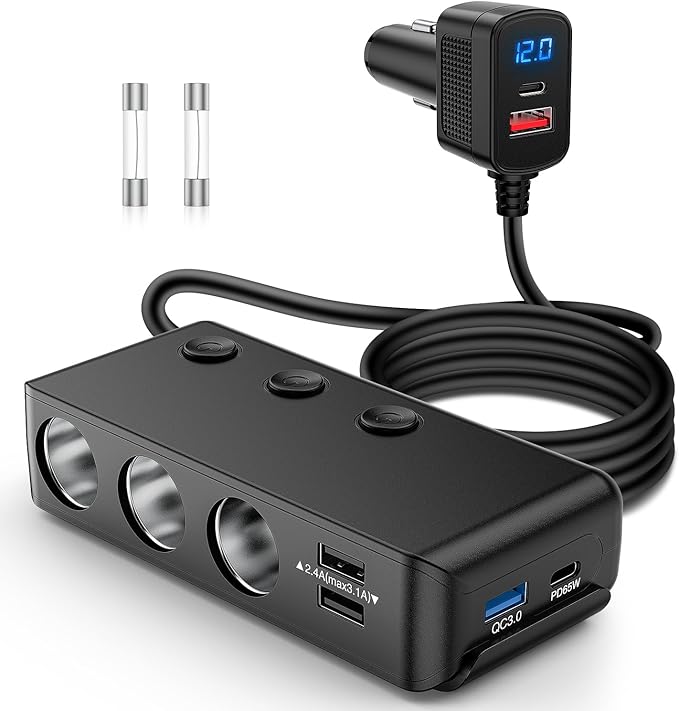 Nilight 9 in 1 Cigarette Lighter Adapter Splitter 3 Sockets PD 65W and QC3.0 18W Ports with Independent Switches LED Voltage Display for 12V 24V Cars SUV Van Truck Jeep Camper