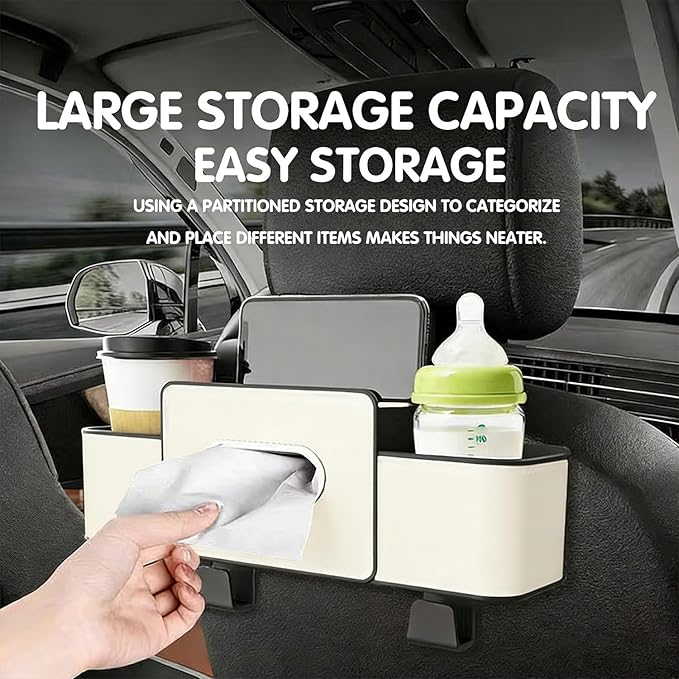 UKM 3-in-1 Back Seat Car Organizer, Car Backseat Storage Box with Cup Holder, Tissue Box&Hooks, Multifunctional Waterproof Storage for Hold Phones Drinks Handbags (White)