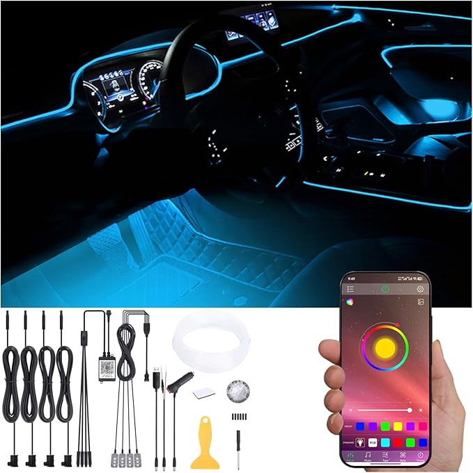 5 m Optic Fiber Car Ambient Footwell Lighting Kit Bluetooth App Control 64 Colors Multicoloured Music Interior Lighting Kit 12V 1W