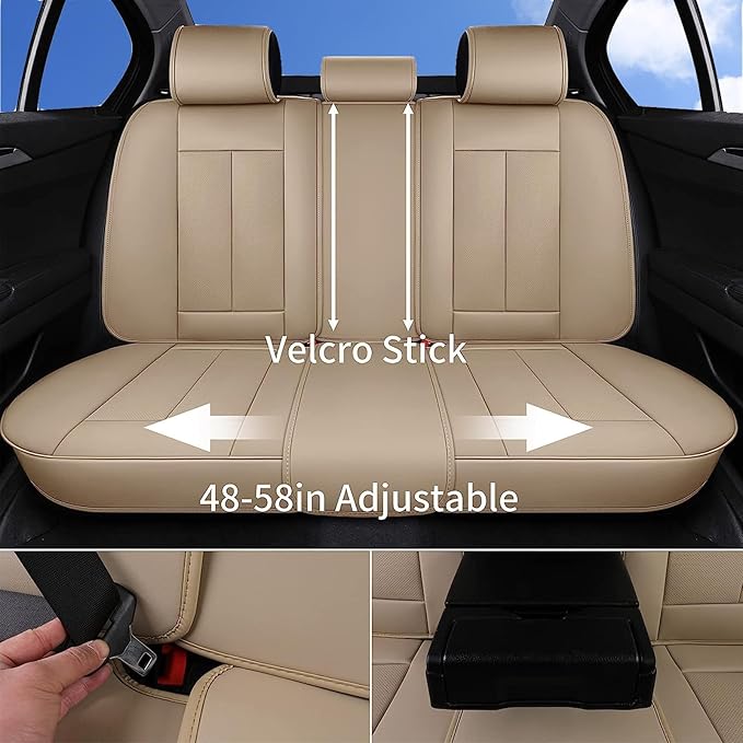 Coverado Universal Seat Covers Full Set, 5 Seats Universal Seat Covers for Cars, Waterproof NAPPA Leather Car Seat Covers with Head Pillow, Seat Protectors Fit for Most Sedans SUV Pick-up Truck, Beige