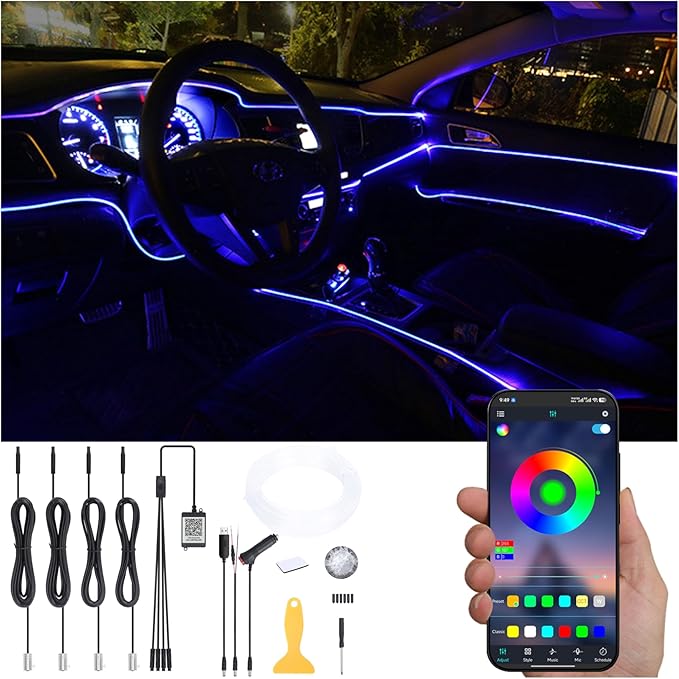 Car Ambient Lighting Optic Fiber 64 Colors Music Sound Active with APP Control Car Decorative Atmosphere Lighting Kit DC 12V 1W 5m