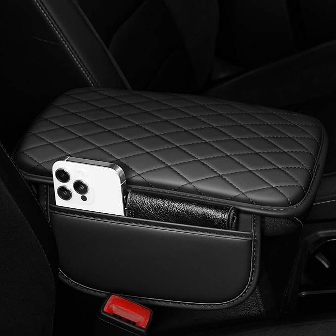 Center Console Cover Fit for Kia Forte 2010-2024 with 2 Storage Bags Waterproof Leather Quilted Pattern Car Armrest Cover Cushion Anti - Slip(Black)