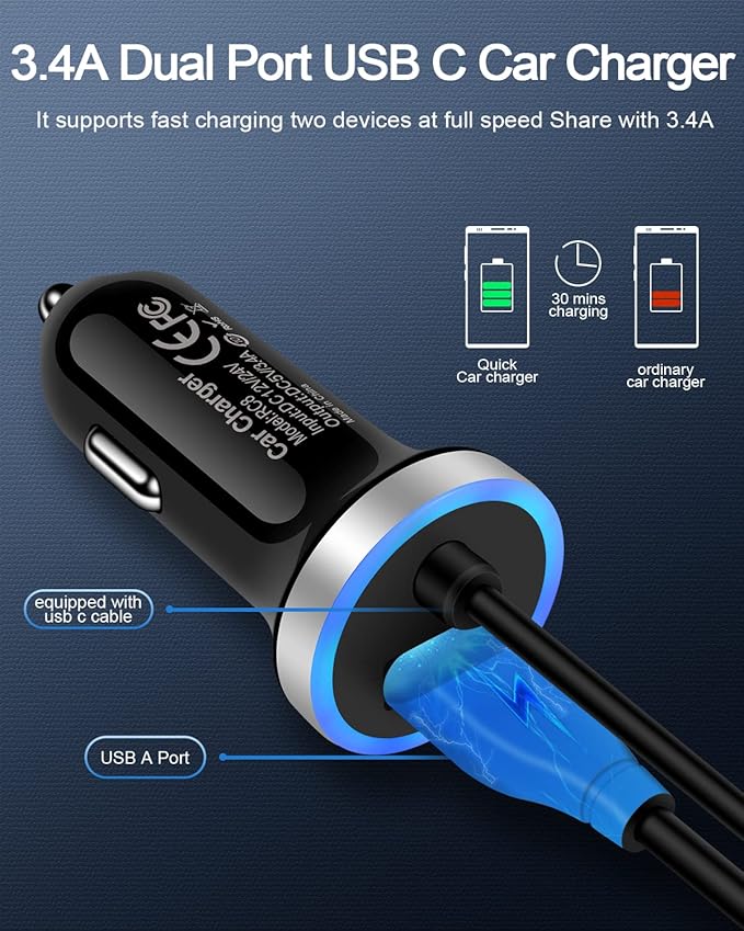 Cell Phone Car Charger for Samsung Galaxy A17 A16 A25 A15 5G A13 A14 A24 A03s S26 S25 S24 Ultra iPhone 17e 17 16e 16, USB C Cigarette Lighter Adapter Usbc Cord Fast Charging Typec Cargador Cable Auto