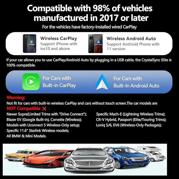 CrystalSync Elite Wireless CarPlay Adapter for Apple i-Phone i-OS 10+ and Android Auto, Mini Edition, Converts Factory Wired to Wireless, Plug and Play