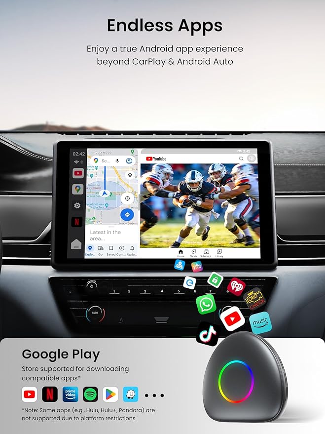 Magic Box - Wireless Carplay/Android Auto/Android AI Box 8GB+128GB, Car Video Box for YouTube, Spotify, Prime Video with Built-in 4G/ WiFi/Dual Bluetooth, OTA, GPS, microSD, OBD II, CB6D