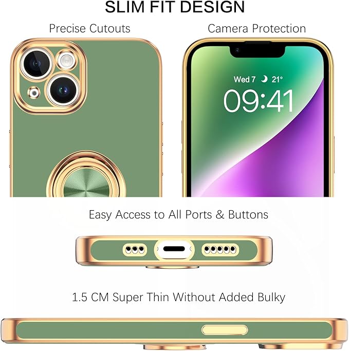 VENINGO Compatible with iPhone 14 Case, Slim Fit Soft 360° Ring Holder Kickstand Magnetic Car Mount Supported Easy Clean Shockproof Protective Cover for iPhone 14 6.1" 2022,Matcha Green