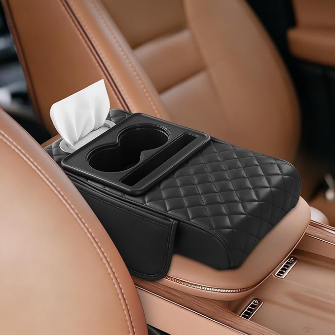 5-in-1 Center Console Cover for Car, Universal Armrest Cover Cushion, Upgrade Arm Rest Cover for Car with Cup Holder & Storage, PVC Leather Armrest Pad with Phone Slot & Tissue Holder, Black