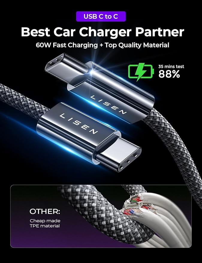 LISEN USB C Car Charger Adapter Fast Charge 95W [All Metal] Cigarette Lighter USB Charger Fast Charging PD65W Dual Port Car Phone Charger for iPhone 15 Pro Max Plus 14 Samsung Galaxy Red