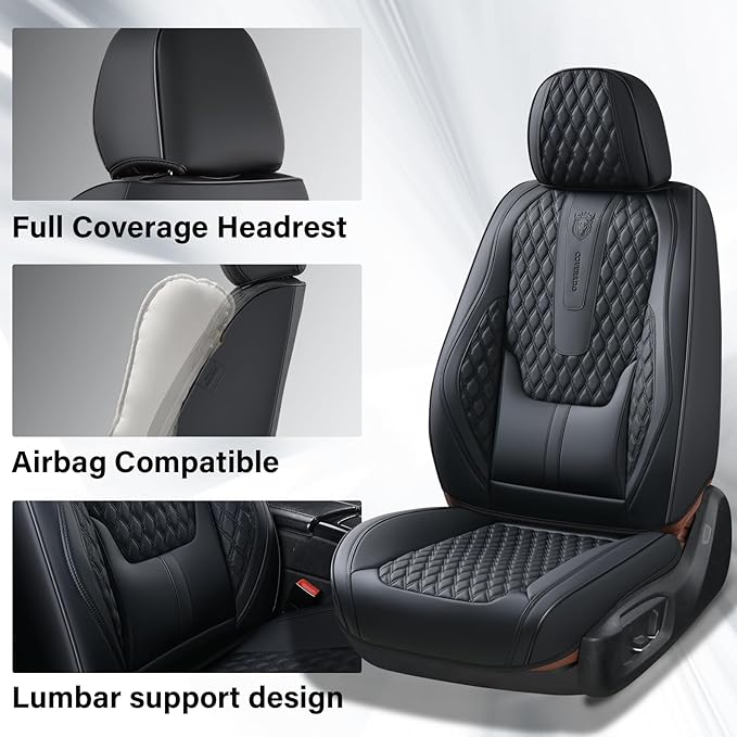Coverado Front Seat Covers, Car Seat Covers Front Seats, Nappa Leather Seat Covers for Cars, Waterproof Seat Covers with Lumbar Support Universal Fit for Most Cars SUV Trucks (Front, Black)