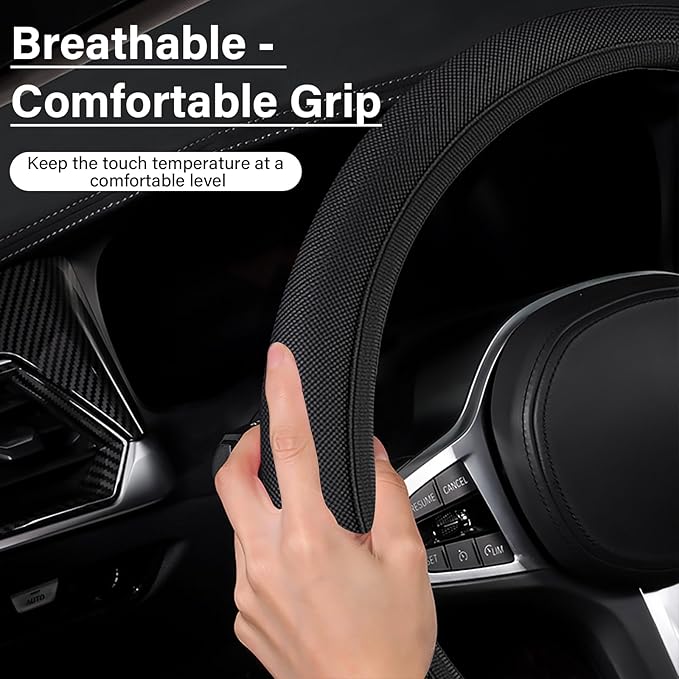 Black Mesh Steering Wheel Cover, Universal 15 inch, Elastic Stretch Microfiber Breathable Ice Silk Cover, Anti-Slip, Odorless, Sweat Absorption, Warm in Winter and Cool in Summer
