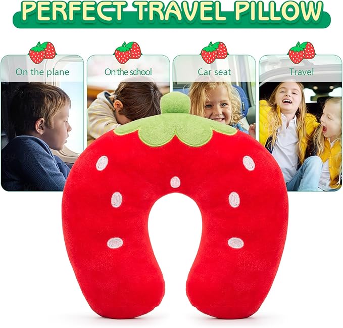 H HOMEWINS Travel Pillow for Kids,Cute Animal Toddler Neck Pillow for Boys Girls,Soft Neck Head Chin Support Pillow,Travel Accessories for Airplane, Car, Train,Recline(Strawberry)