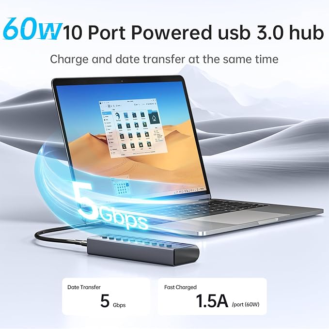 SSK 10 Port Powered USB 3.0 Hub, 60W Aluminium USB Charging Hub with DC 12V5A Power Adapter, Supports Simultaneous Fast Charge and 5Gbps Data Transmission,USB Extender Hub with 3.96ft/1.2m Long Cable
