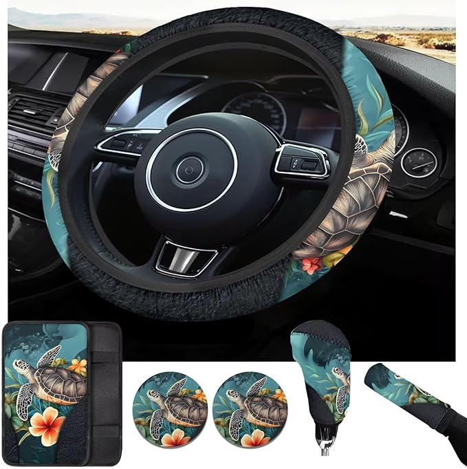 Blue Sea Turtle 6pcs Car Steering Wheel Cover Set for Men Women Auto Interior Accessories Cup Holder Armrest Pad Seatbelt Cushion Fit for SUV Truck Vans