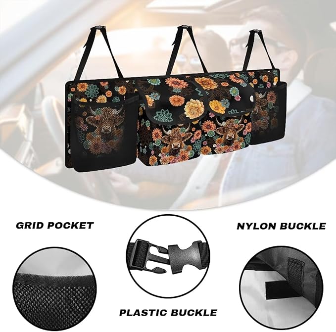 Boho Mandala Highland Cow Car Trunk Organizer with 4 Compartments Floral Flowers Car Storage Bag Multipurpose Cargo Bag