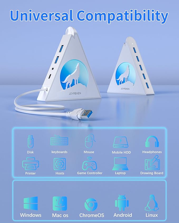 7 Port USB Hub, JoyReken USB 3.0 Hub with 2 FT Long Cable, Vertical USB Extension Hub for Laptop, MacBook, Flash Drive, XPS, PC, Flash Drive, Game Console, Printer, Camera,Keyborad, Mouse (White)