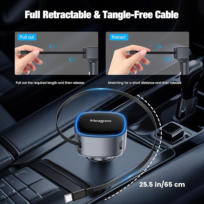 Retractable Car Charger USB C, 90W Super Fast Car Adapter for iPhone 17 Pro Max/Air/16/iPad/Samsung S26, USBC Android Phone Accessories, Dual 45W PPS Cigarette Lighter Adapter Plug with Type C Cable