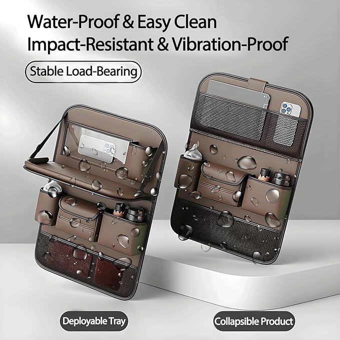 2 Pack Universal Foldable Car Backseat Organizer with Table Tray, Car Seat Back Protector with Touch Screen Phone Holder, Premium Leather Kick Mats with Storage Pockets Tissue Holder (Brown)