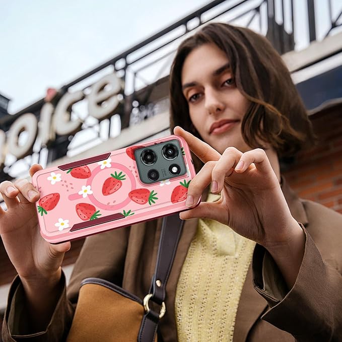 for Moto G 2025 Case Women - Compatible with MagSafe Cute Girls Magnetic Protective Phone Cover Girly Kawaii Strawberry Heavy Duty Shockproof Design for Motorola Moto G 5G 2025 Cases