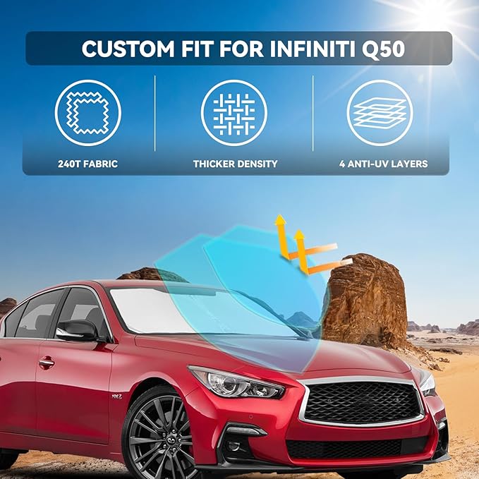 for Infiniti Q50 2014-2024 2025 Windshield Sun Shade - 4 Layers Car Sunshades Front Windows Shade Cover Custom Fit for Q50 Sun Visor 250T Retractable Shade Blocks UV Rays Car Accessories
