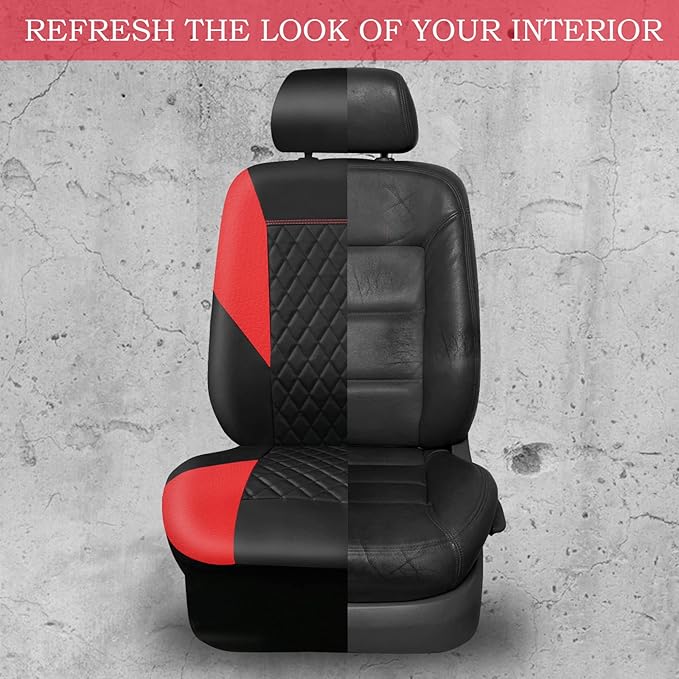 CAR PASS Red Leather Seat Covers Full Set-Universal Quilting Pretty Girly Car Seat Cover with 5mm Composite Sponge Inside,Airbag Compatible, Waterproof Delux Fit for Most Sedan,SUV,Cars (Full Set,Red)