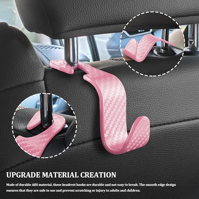 4PCS Car Seat Headrest Hook, Plastic Auto Back Seat Hanger Hooks, Multi-functional Stylish Seat Hooks, Universal Car Interior Headrest Hanger Storage Accessories for Purse Coats Handbag (Pink)