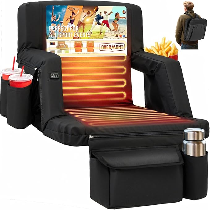 Overmont Heated Stadium Seat with Back Support – 3 Heat Levels, Dual-Zone Independent Control, 6-Position Recliner, Wide Cushion Dual Hooks Multiple Pockets – Bleacher Chair for Sport Camping Concerts