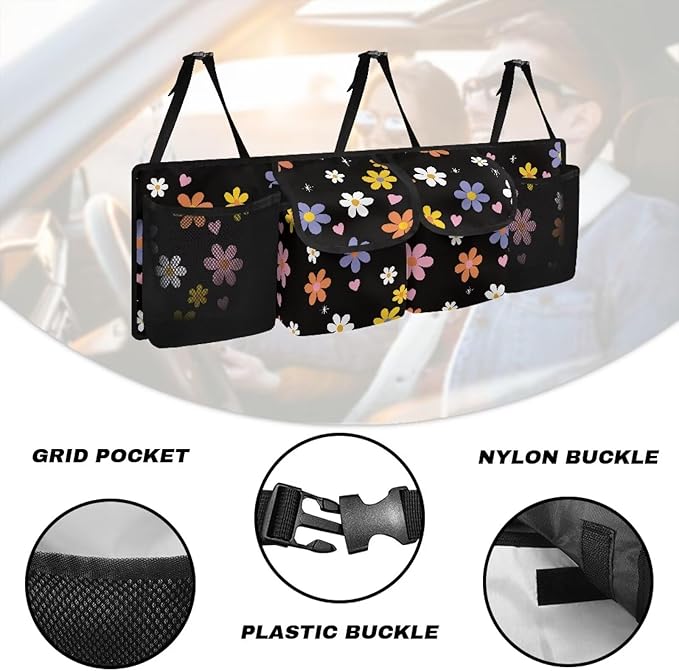 Floral Flowers Backseat Trunk Organizer for Car Heart Back Seat Car Organizer with Extra Storage Space for SUVs,Trucks,Vans Hanging Trunk Storage Bag