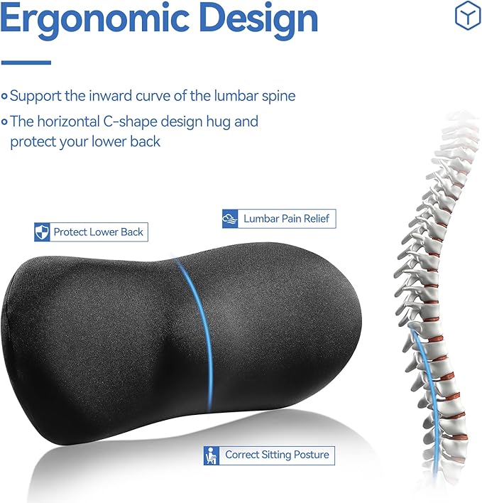 Lumbar Support Pillow for Car with Dual-Grip™ Stability System - Advanced Adaptive Memory Foam Back Pillow for Lower Back Pain Relief, Ergonomic Driving Seat & Office Chair Cushion, Black