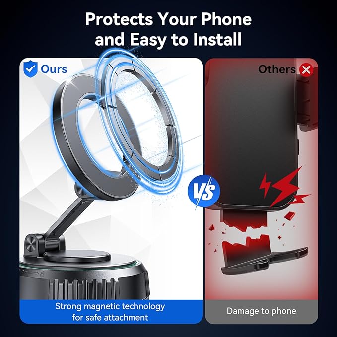 Rorhxia Car Phone Holder for Magsafe, [Enjoy Convenience, Flexibility, Stability], Foldable Vacuum Magnetic Phone Mount for Dashboard Windshield for Your Car Fit iPhone 17/16/15/14/13/12 Pro Max
