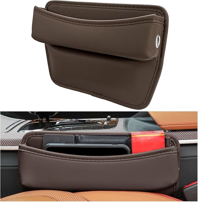 DXNQ Large Capacity Car Seat Gap Filler Organizer, Leather Car Front Seat Slot Storage Box Keeps Car Tidy, Portable Car Seat Gap Filler with 2 Charge Holes for Phones Glasses Keys Cards (Brown)